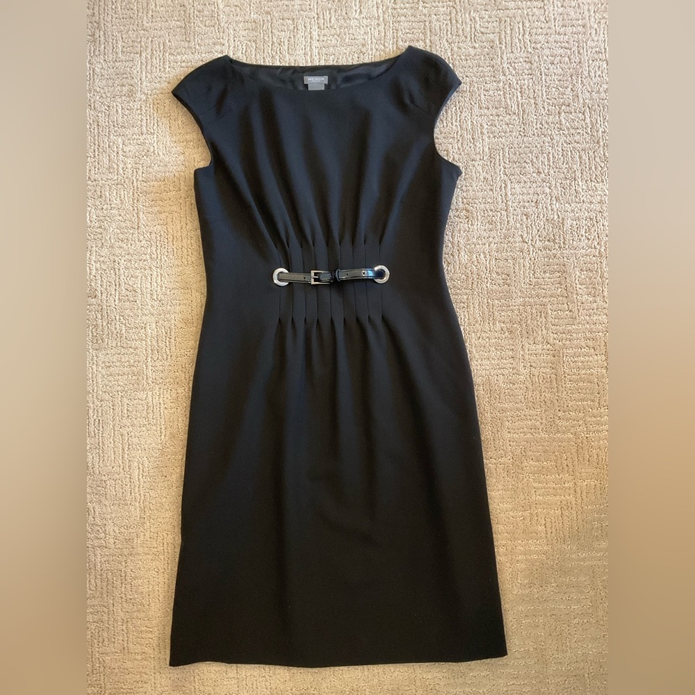 🖤 ✨ Ann Taylor Women Black Sheath Midi Dress 8P Wool Blend Belted Lined EUC